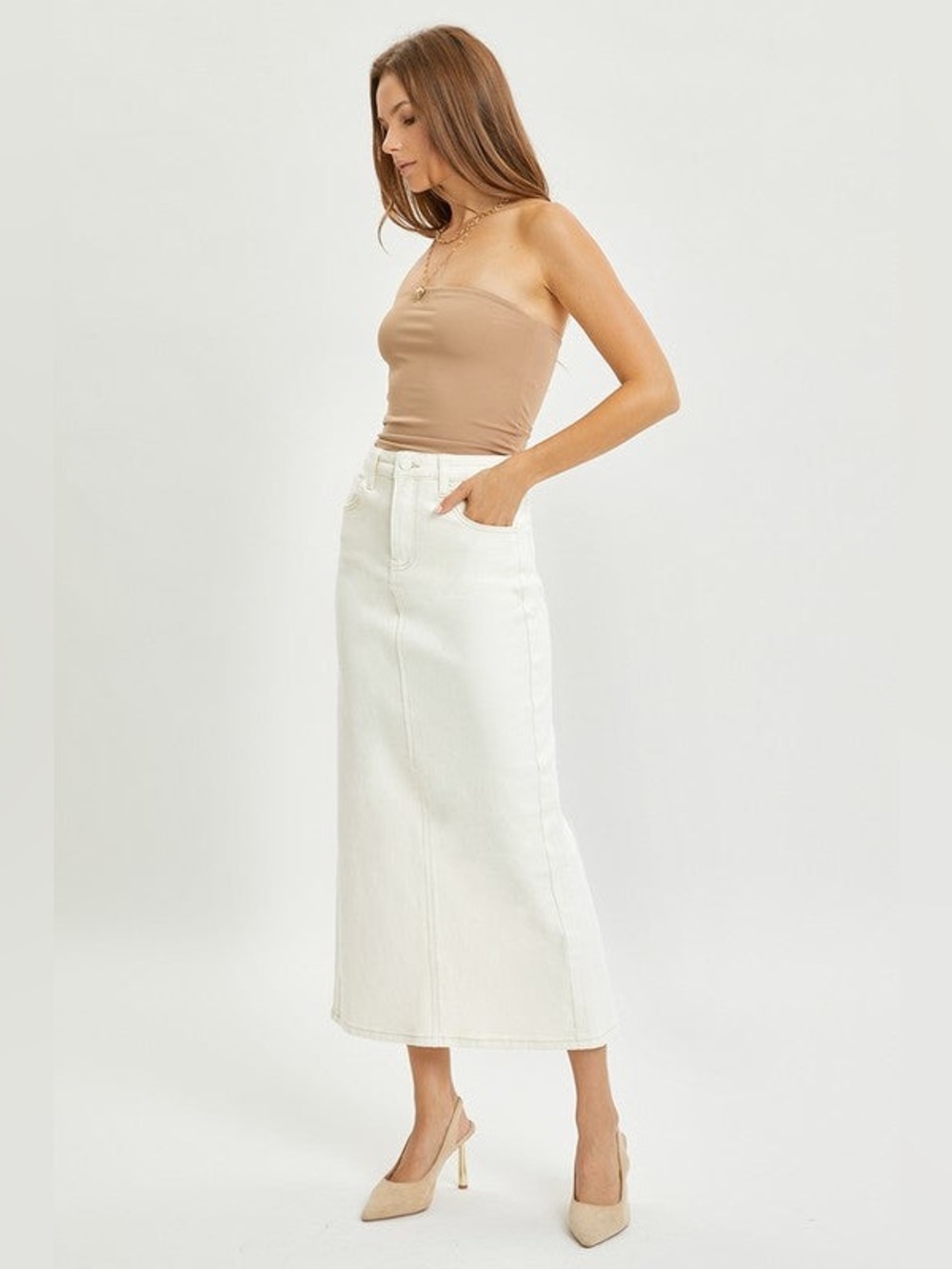 ZARA White Denim Midi Skirt High Rise Slit Raw Hem M